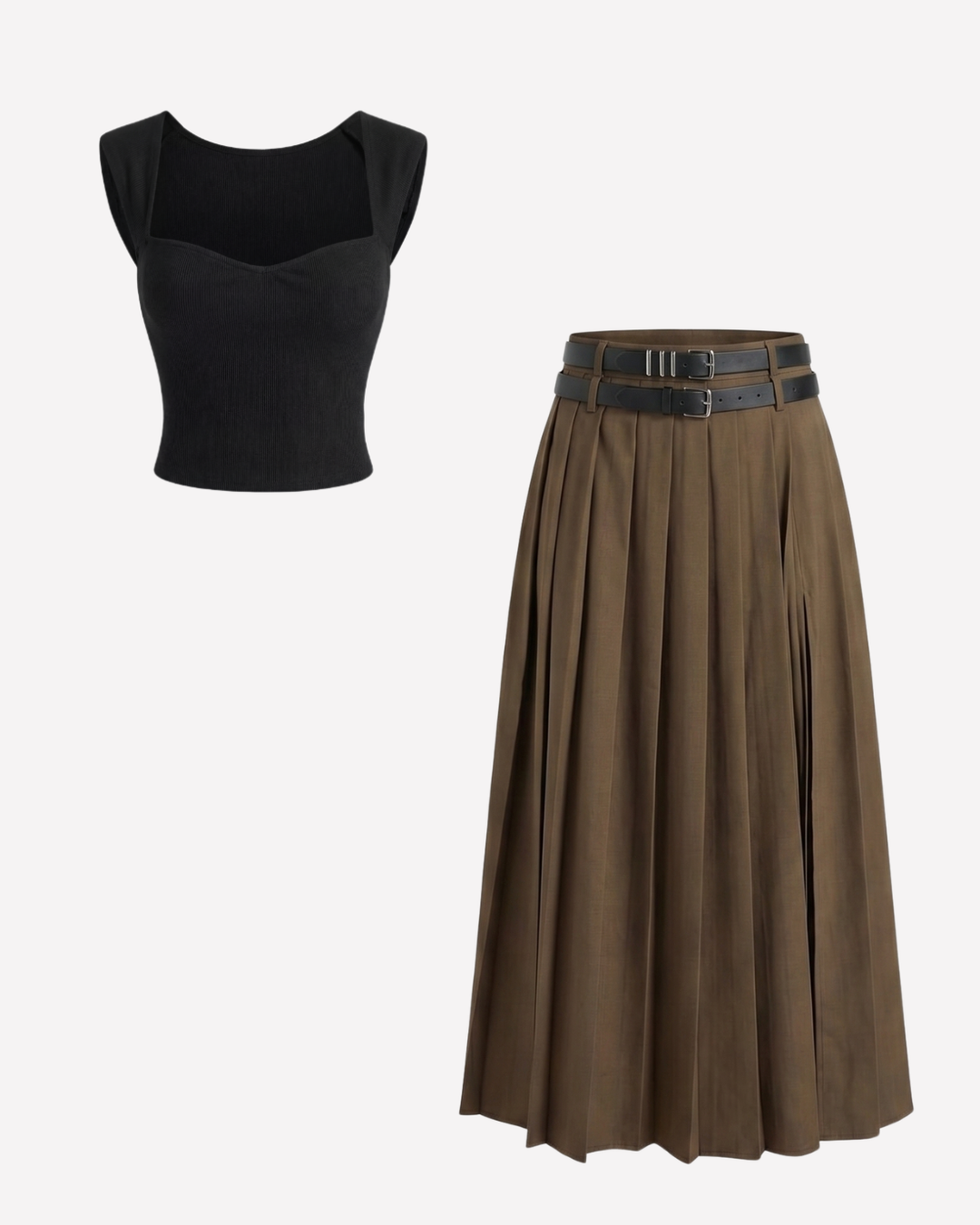 Sweet Heart Neckline Top and Brown Pleated Skirt With Two Detachable Belts