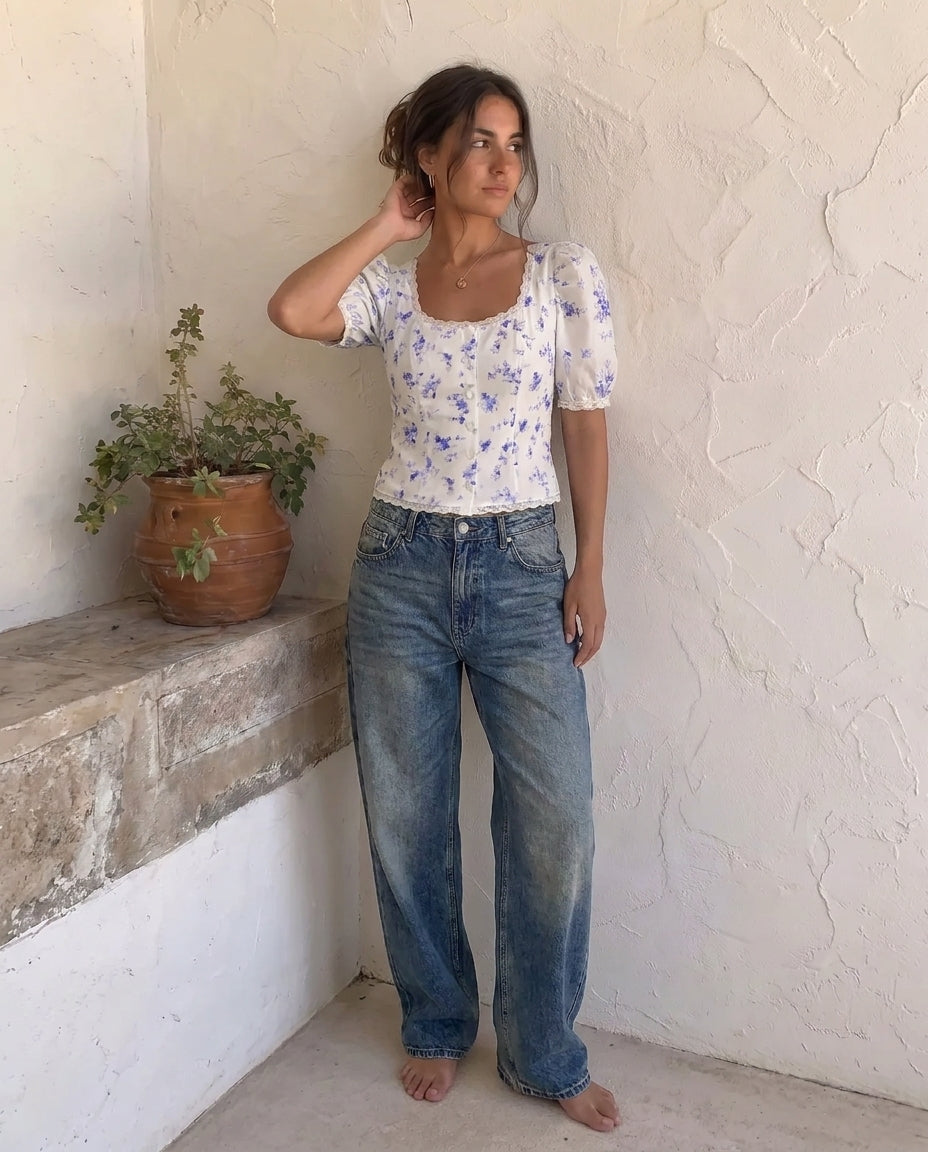 White Florals Lace-Trim Fitted Button-Up Top