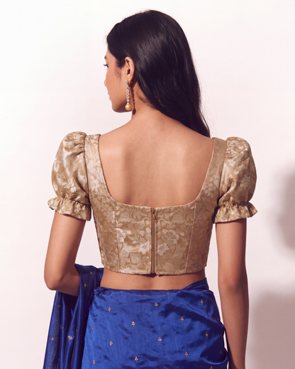 Gold Puff Sleeve Brocade Saree Corset Blouse