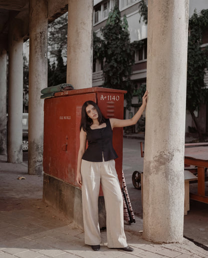 topwear,tops,semi-formal, vacation, outdoor events,minimal, sophisticated, summer,woven,cotton,black,solid,flounce,button,slim fit,peplum,waist length,flounce hem,square neck,shoulder strap,sleeveless, OY1909, 25060009GG