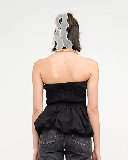 topwear,tops,vacation, outdoor events,bold, glam, summer,woven,cotton,black,solid,gathered, ruched,skinny fit,balloon top,hip length,bubble hem,off shoulder,sleeveless, OY1903	, 25060003GG