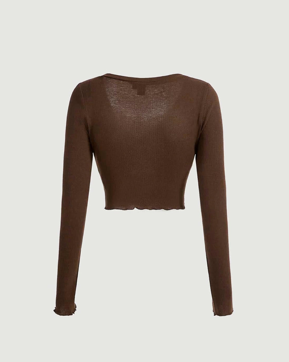 topwear,tops,casual, vacation,gen z, minimal, soft girl, summer,knitted, stretchable,ribbed,brown,solid,lettuce edge,lace, button,skinny fit,crop,crop,lettuce hem,v-neck,no straps,set in sleeves,long sleeves	OY2155, 25080017GG