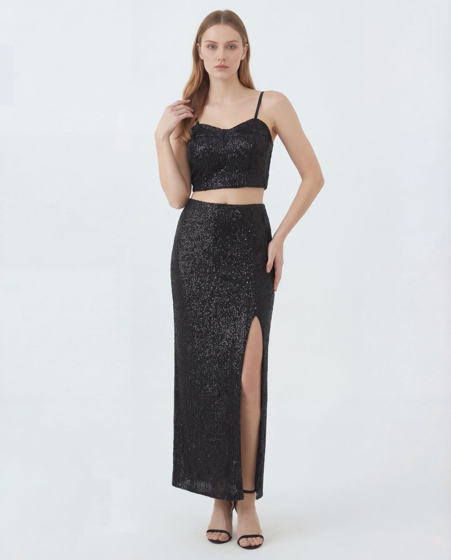 Black Sequin Top and Skirt Coord Set