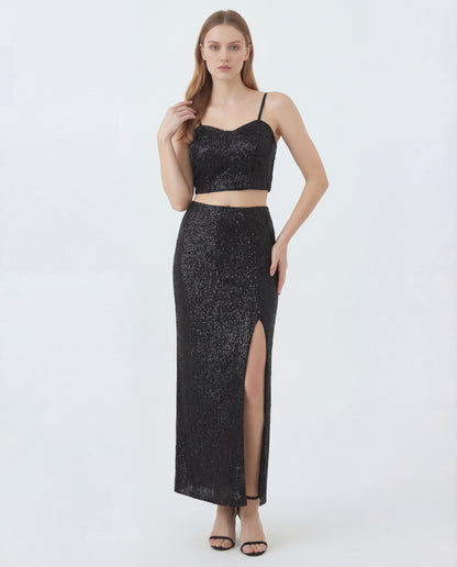 Black Sequin Top and Skirt Coord Set