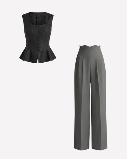 Black Buttoned Peplum Top and Grey Corset Waist pants
