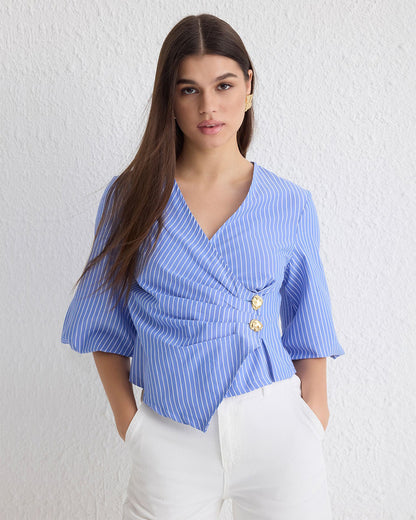 topwear,tops, shirts,casual, formal, semi-formal,minimal, soft girl, summer,woven,polycotton,printed,blue,pinstripes,color block,button,regular fit,shirt,longline,curved hem,overlap neck,full sleeves,cuff sleeves	25060046GG,OY2014