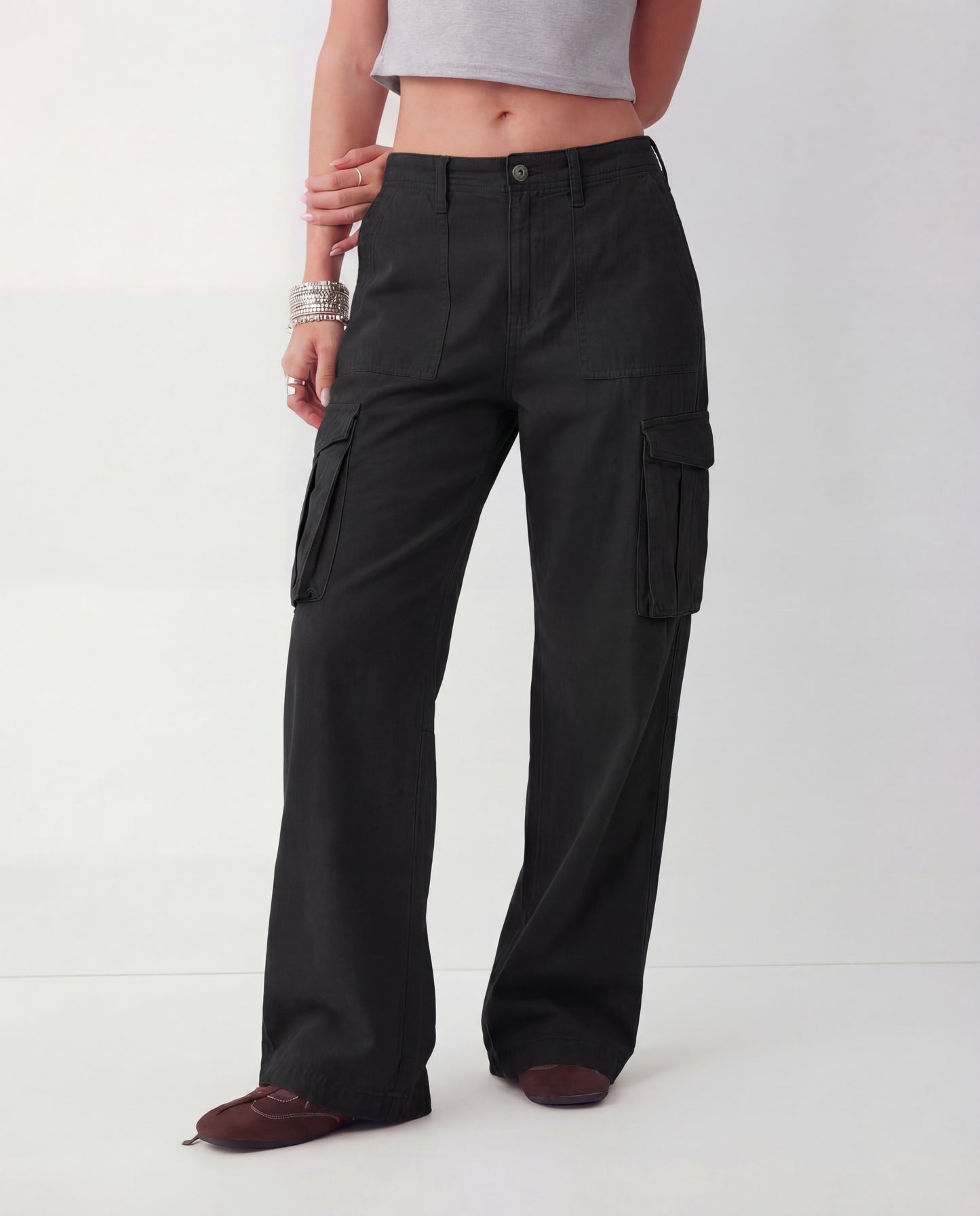 Black Wide Leg Adjustable Cargo
