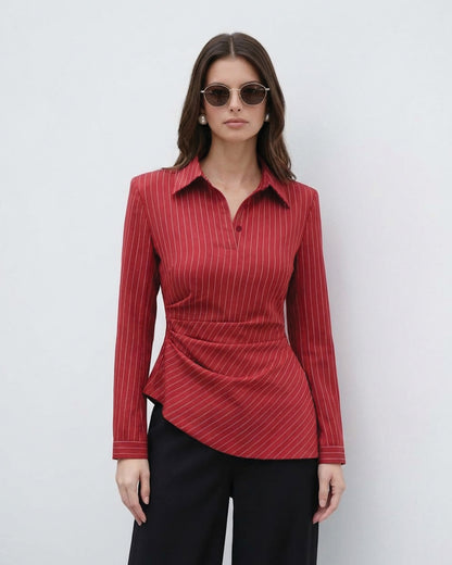 Red Pinstripe Asymmetric Hem Shirt
