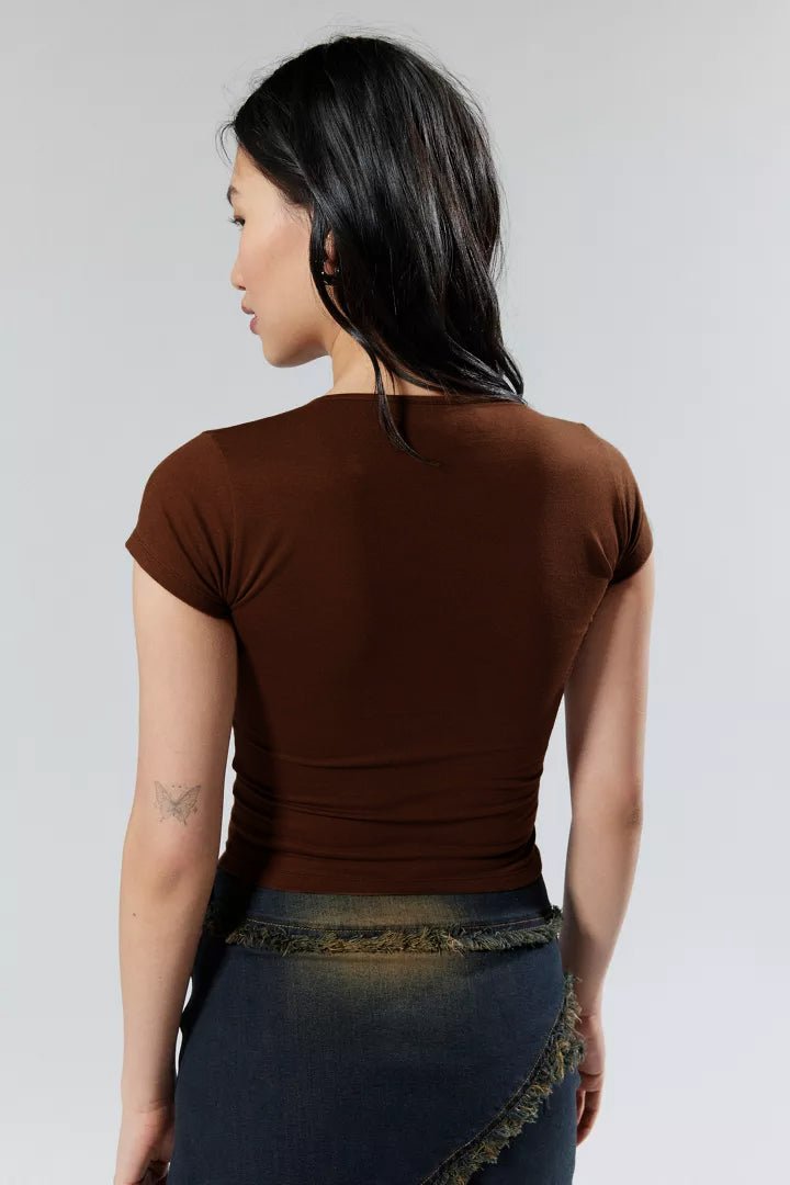 tie-up-slim-fit-top-brown,TIE-UP SLIM FIT TOP,topwear,tops,casual,streetwear,knitted,single jersey,brown,solid,cutout,slim fit,fitted,regular,tie up neck,short sleeves