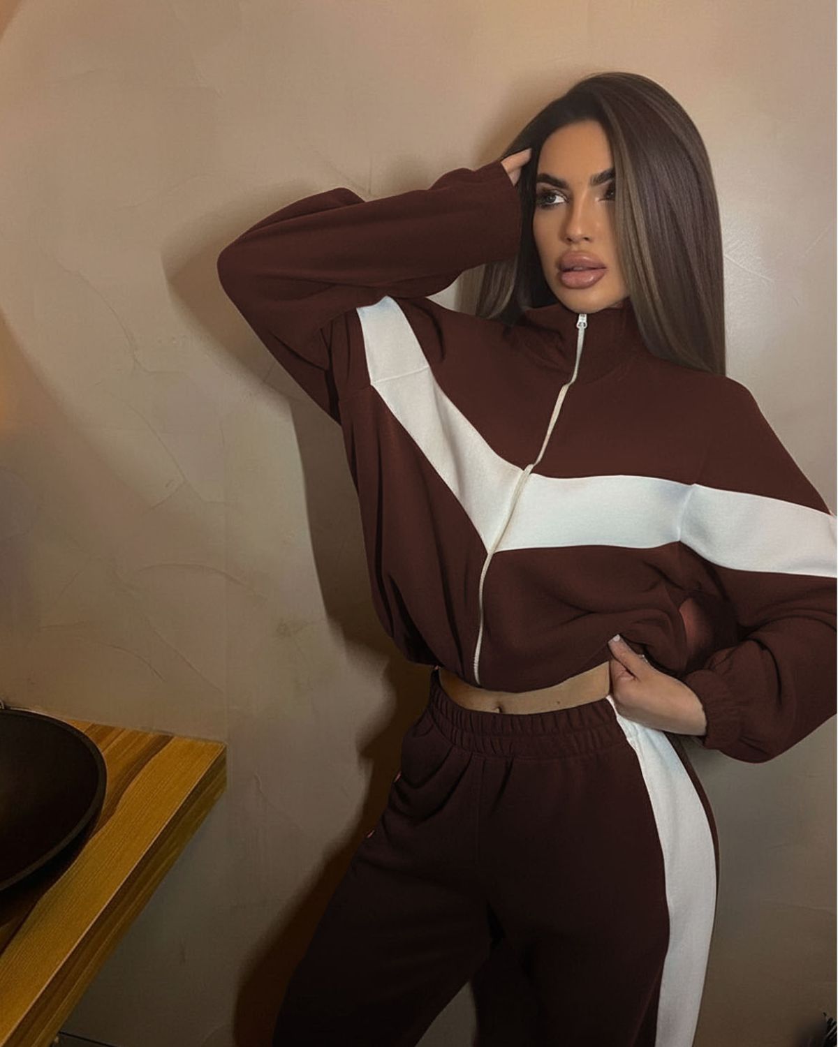 Brown Color Block Sweat Set