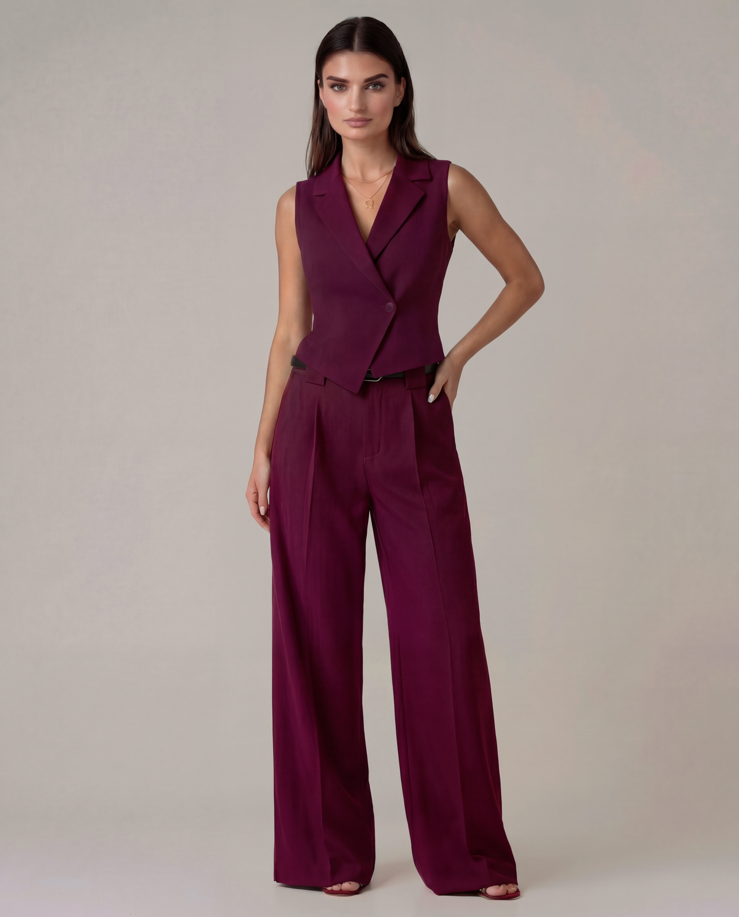 Maroon Vest And Pleated Trousers Set (Belt Included)