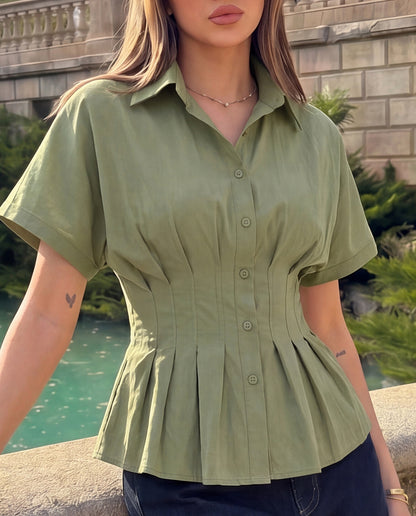 Pleated Cinched Waist  Cotton Shirt - Sage Green