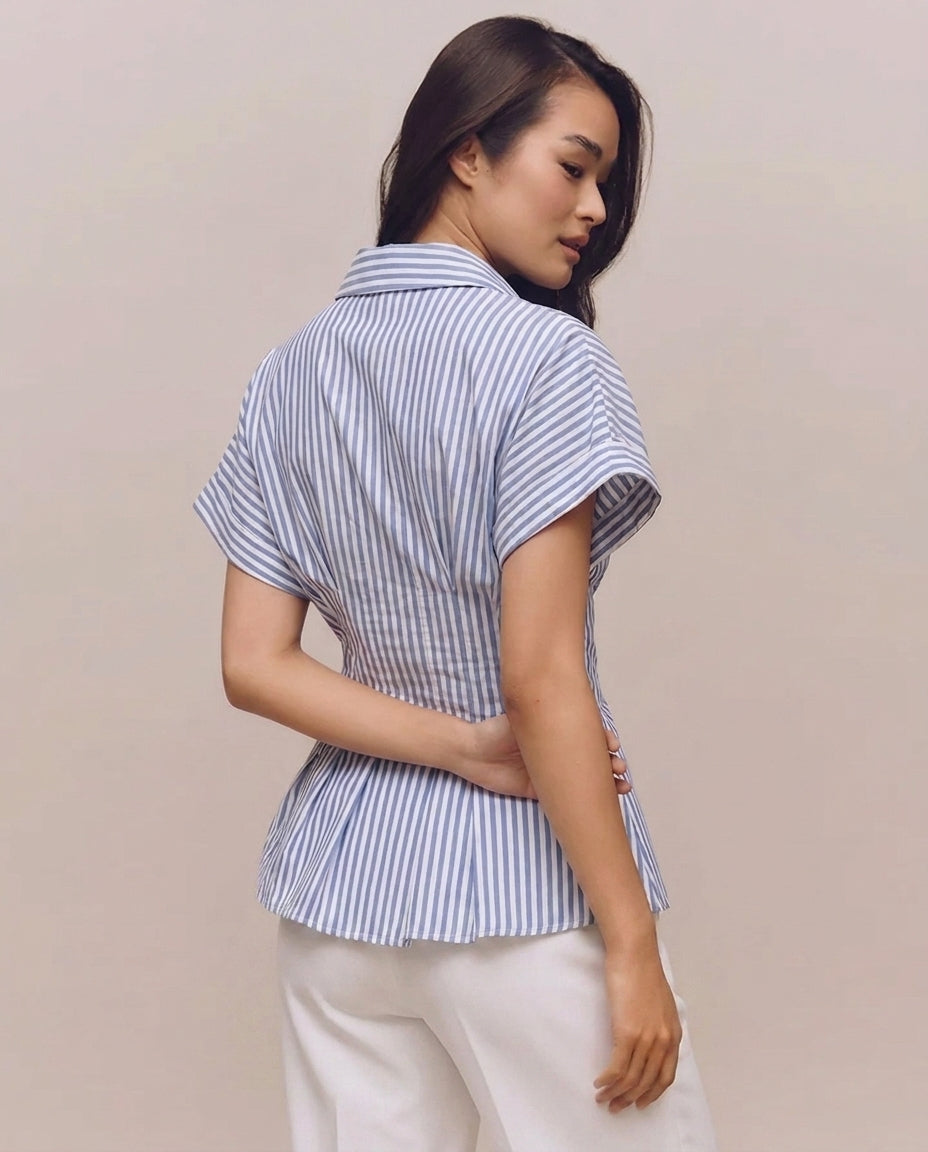 Blue Cinched Waist Striped Shirt