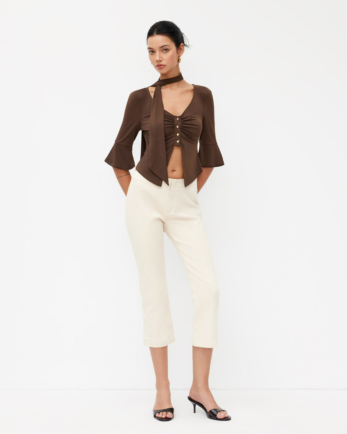 Brown Ribbed Front Split Top