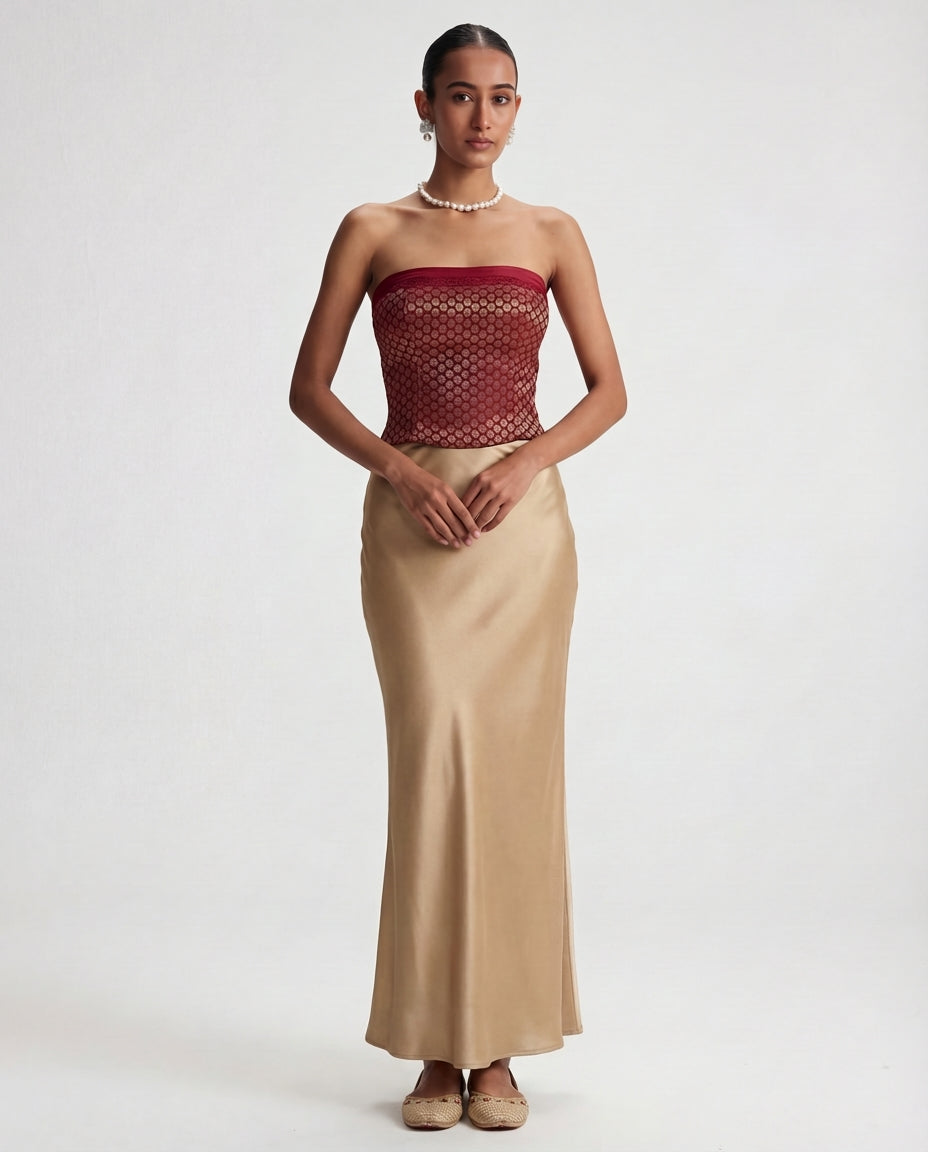 Brocade Corset Top And Champagne Satin Maxi Skirt Set