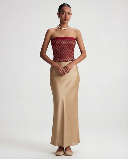 Brocade Corset Top And Champagne Satin Maxi Skirt Set