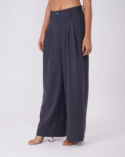 TWO PLEATED PANTS,Color: Grey
Fabric: Moss 
Type: Wide Leg
Fit: Relaxed Fit 
Length: Full Length
Waist: High Rise
Closure: Zip & Button
Print: Solid
Detail: Two Pleats,bottomwear,pants,semi-formal,workwear,woven,moss,grey,pleated,Relaxed fit,wide leg,full length,high rise,Manufacturing batch1_June19,suited for influencer,two-pleated-pants-grey