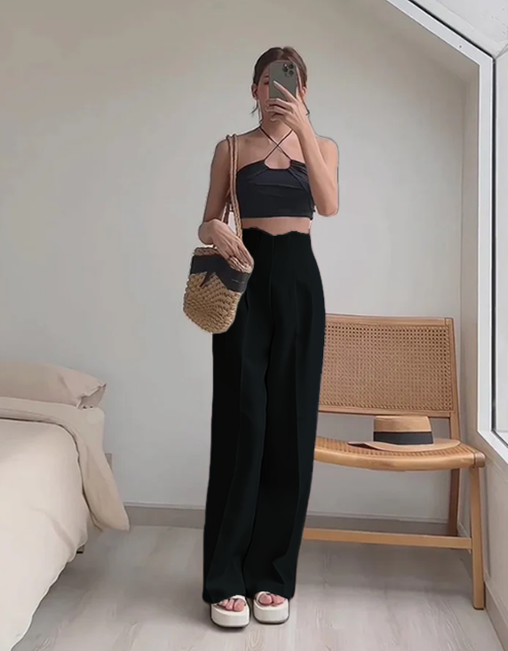 bottomwear,pants,semi-formal,business outfit,stretchable,polyester, spandex,black,pleated,straight fit,straight,full length,high rise, OY956 BLACK, 25090071GG