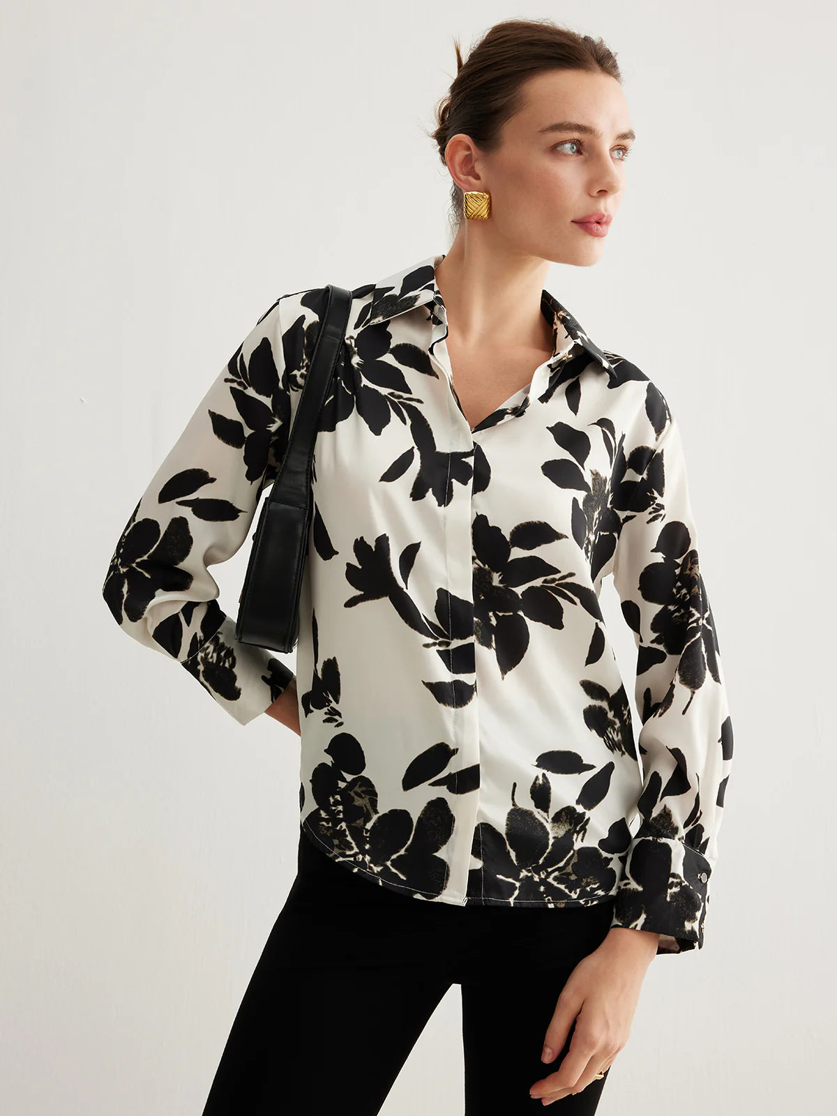 Ivory & Black Leaf's Print Satin Shirt