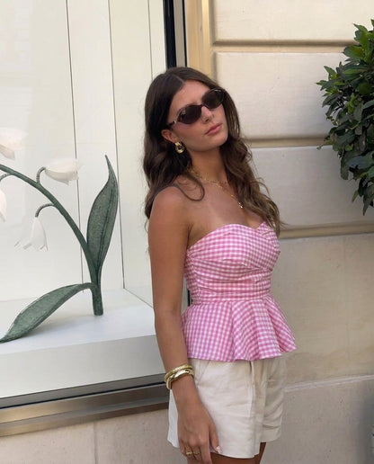 Pink Gingham Stripes Bandeau Top