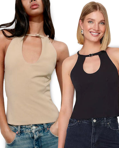 topwear,tops,casual,knitted, stretchable,elastane, polyester,black,cutout,belt, buckle,tailored fit,fitted,regular,halter neck,sleeveless,beige,25050002BU