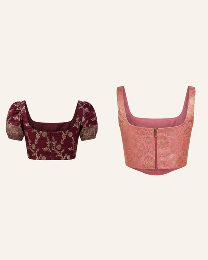 Set of 2 Maroon and Blush Pink Banarasi Brocade Corset Tops
