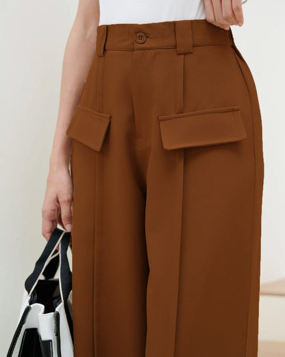 FAUX FLAP POCKET PANTS,Color: Rust
Fabric: 95% poly 5% spandex
Fit: Straight Fit 
Length: Full Length(40")
Waist: High Rise 
Closure: Zip & Button
No. of Pockets: 2
Print: Solid
Detail: Pleated pants with faux pocket flap,pants,bottomwear,pants,semi-formal,stretchable,polyester, spandex,rust,straight fit,straight,full length,high rise