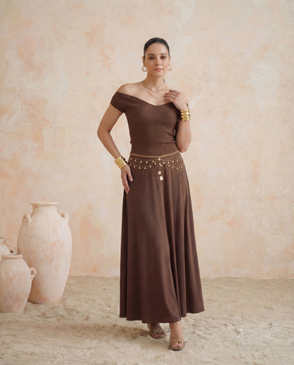 Brown Ribbed Knit Off Shoulder Top And Maxi Skirt Set