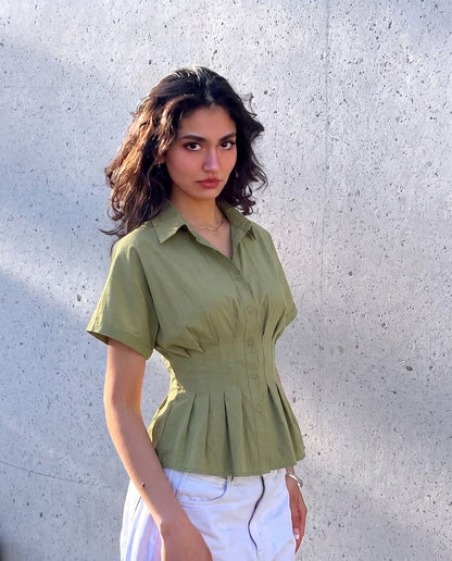 Pleated Cinched Waist  Cotton Shirt - Sage Green