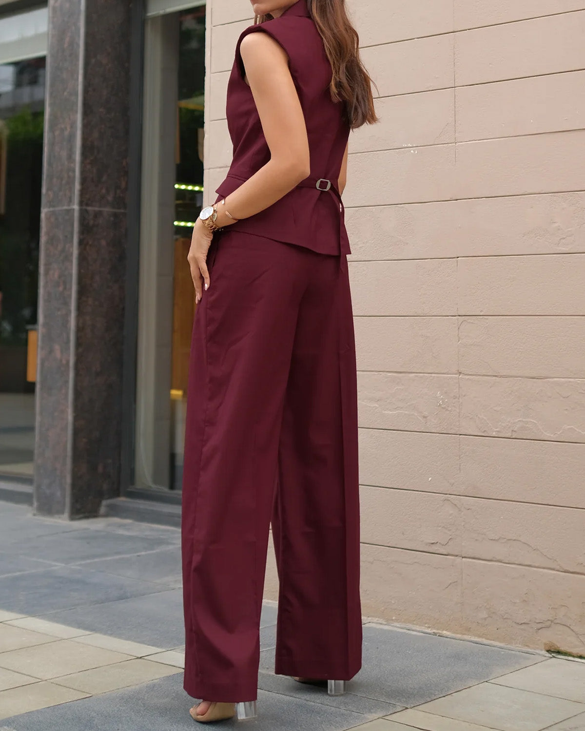 coord sets,bottomwear, topwear,formal, semi-formal, outdoor events,minimal, timeless, urban fit,knitted, stretchable,polyester, spandex,maroon,solid,panelling,button,tailored fit top,waist coat,waist length top,slit hem,lapel collar,no sleeves,no sleeves,button down top,trousers,pleated pants,full length,straight hem,high rise waist,2 pockets,25060013GG, OY1246