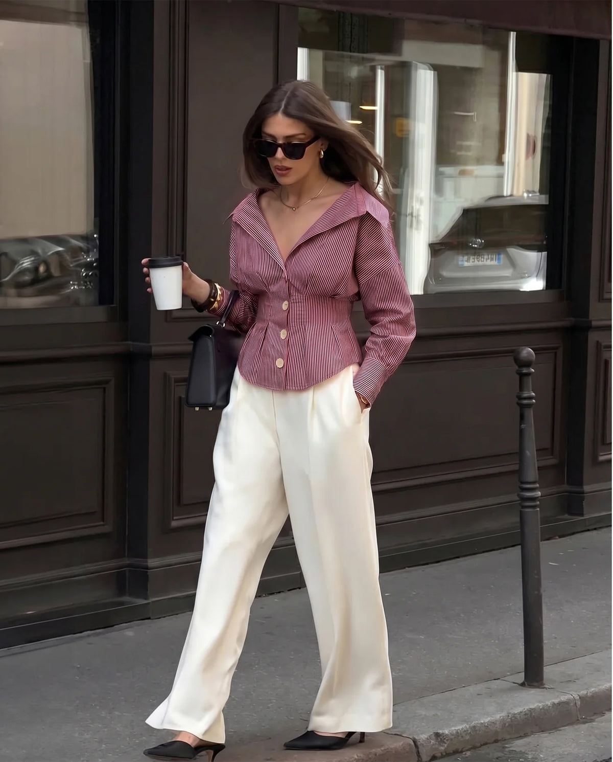Shirt With Cinched Waist - Burgundy Stripe
