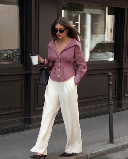 Shirt With Cinched Waist - Burgundy Stripe