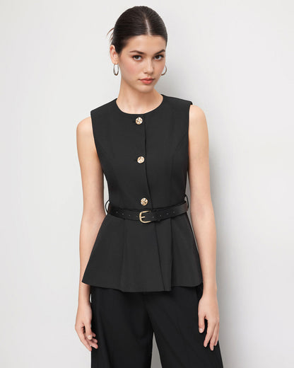 topwear,tops,semi-formal, events,gen z, millenial, minimal, summer,woven,polyester, spandex,black,solid,panelling,button,tailored fit,vest,longline,straight hem,crew neck,no straps,no sleeves,sleeveless	OY3137, 25090003GG