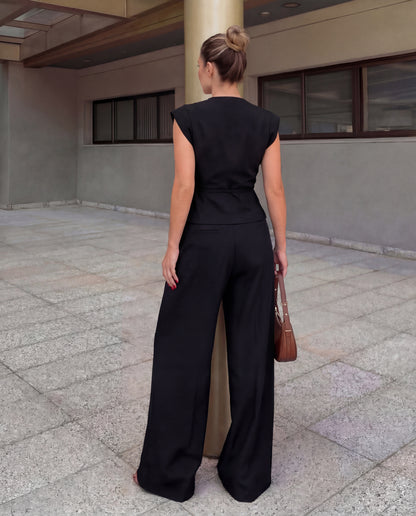 Black Tailored Peplum Vest and Wide Leg Pant Set