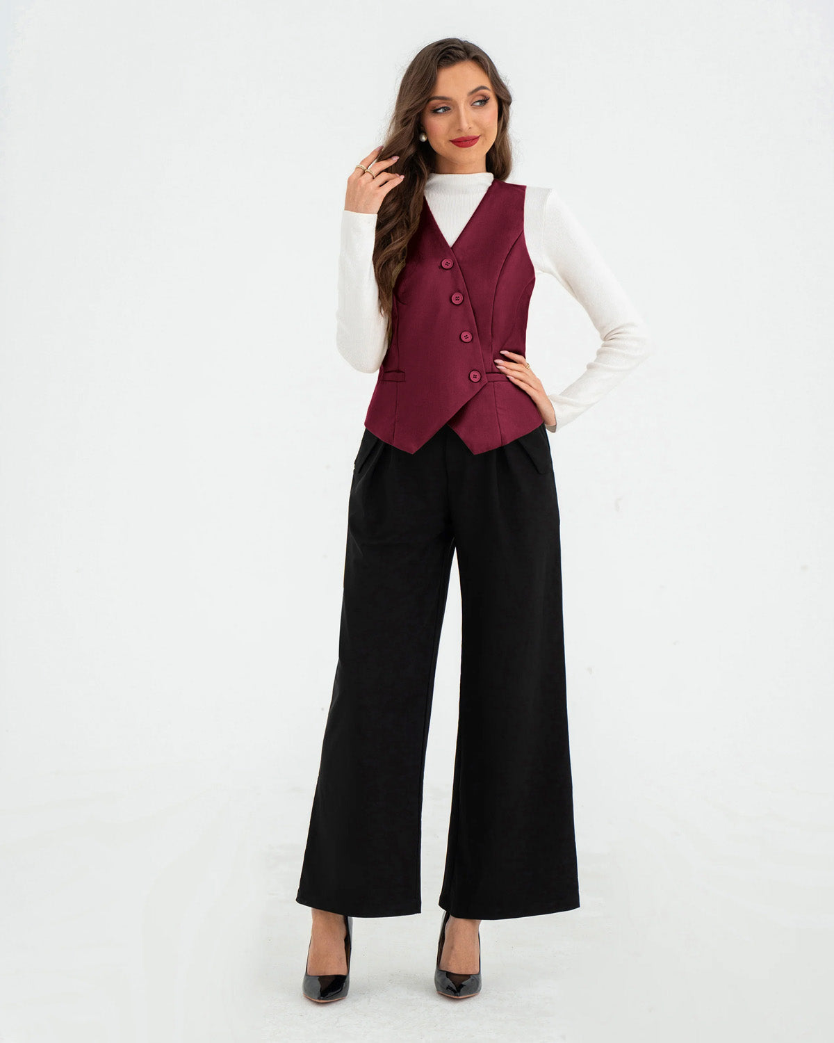 topwear,tops,formal, semi-formal,creative workwear, minimal, summer,stretchable,polyester, spandex,maroon,solid,oblique placket,regular fit,waist coat,regular length,slit hem,v-neck,sleeveless	25010060GG,OY1703