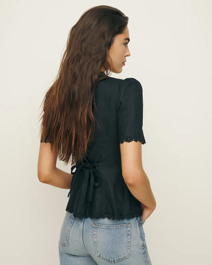 topwear,tops,casual, vacation, outdoor events,minimal, summer,woven,cotton,black,solid,lace,slim fit,fitted,waist length,scalloped hem,square neck,puff sleeves,short sleeves,OY1908, 25060008GG