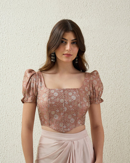 topwear,tops,ethnic, indo-western,ethnic wear, festive wear, indian wear, summer,woven,brocade,banarasi brocade,rose gold,floral pattern,textured,zipper,skinny fit,corset,crop,curved hem,square neck,no straps,puff sleeves,short sleeves, OY2090  rose gold, 25070042GG
