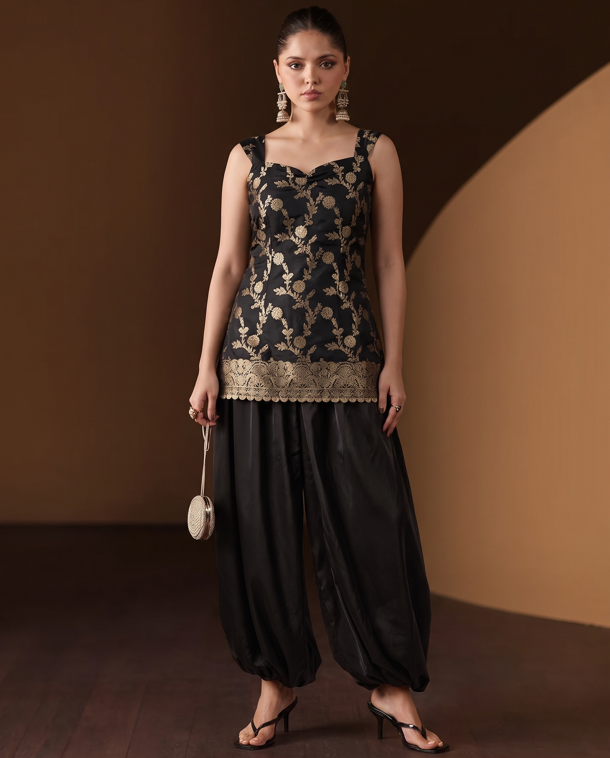 The Geet Black & Gold Brocade Sweetheart Kurti