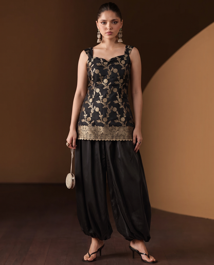 The Geet Black & Gold Brocade Sweetheart Kurti