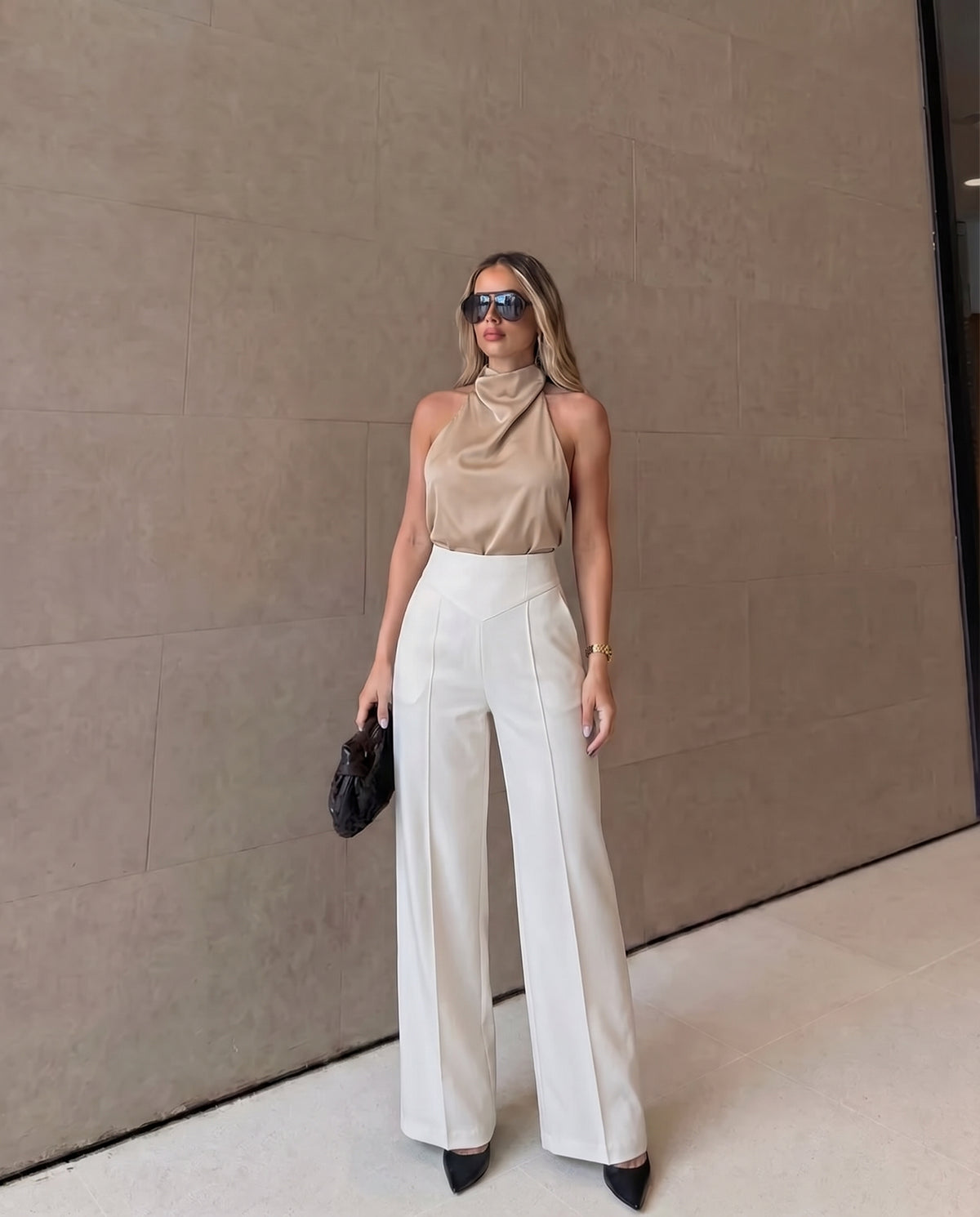 Sculpted Waist Pleated White Trousers
