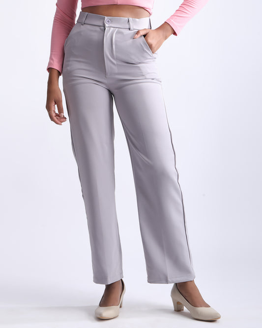 HIGH WAIST STRAIGHT FIT PANTS,ankle length, bottomwear, formal, grey, high rise, pants, polyester, tailored fit, wide leg, woven,high-waist-straight-fit-pants-grey,Color- Grey 
Fit- Straight Fit 
Length- Full Length  
Rise- High Rise 
Waist- High Waist 
Closure- Zip 
No. of Pockets- 2 
Fabric- Polyester 
Print/Pattern- Solid