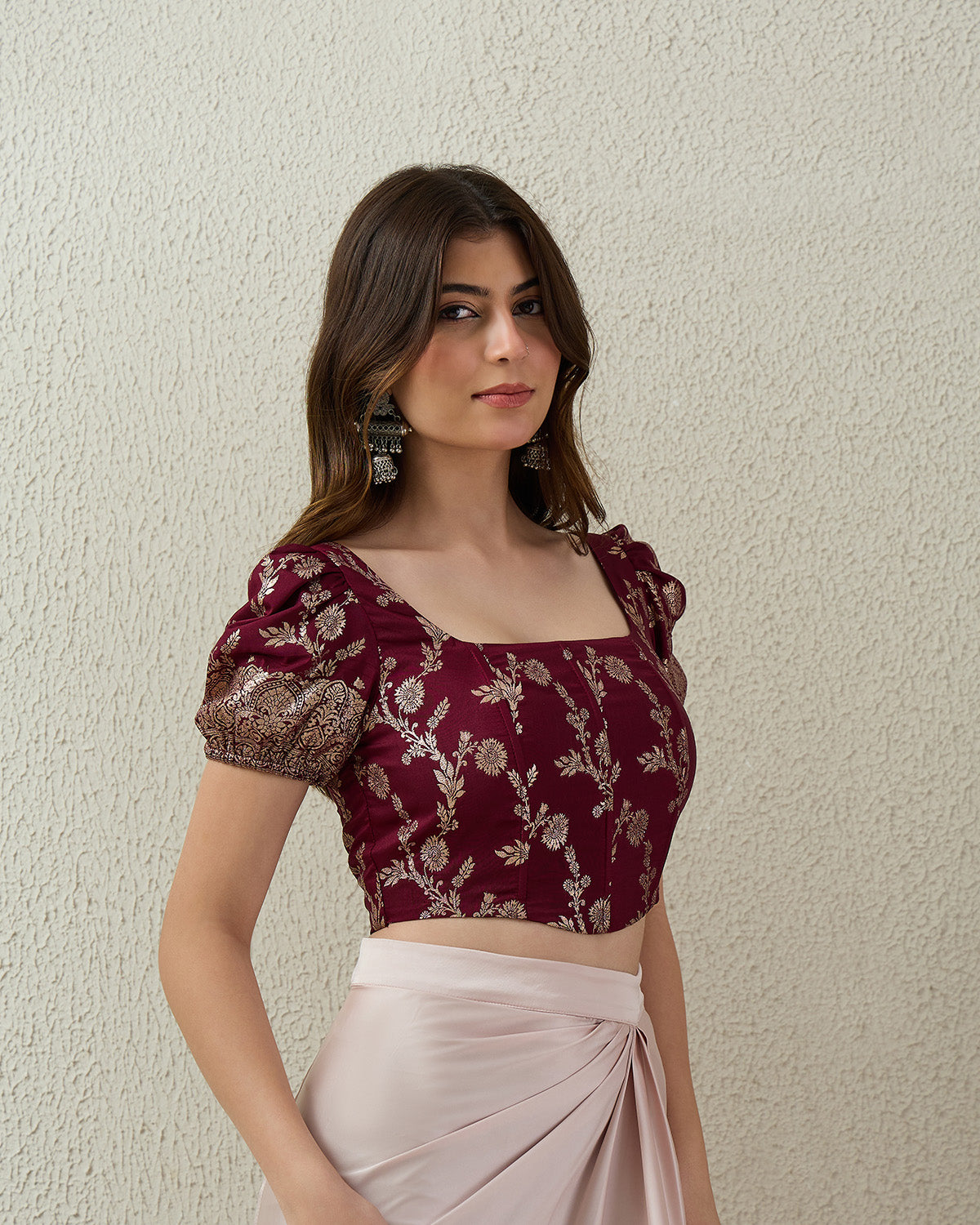 topwear,tops,ethnic, indo-western,ethnic wear, festive wear, indian wear, summer, casual,woven,poly,brocade,purple,floral pattern,panelling,zipper,skinny fit,slim fit top,crop length,curved hem,square neck,no straps,puff sleeves,short sleeves, OY2102, 25070043GG