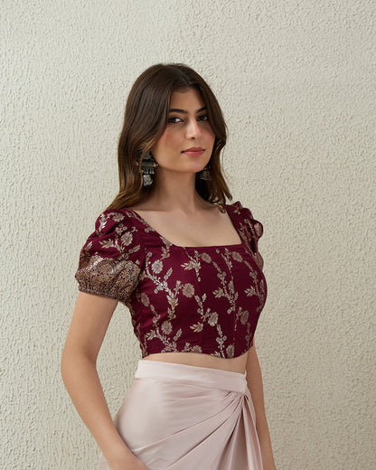 topwear,tops,ethnic, indo-western,ethnic wear, festive wear, indian wear, summer, casual,woven,poly,brocade,purple,floral pattern,panelling,zipper,skinny fit,slim fit top,crop length,curved hem,square neck,no straps,puff sleeves,short sleeves, OY2102, 25070043GG