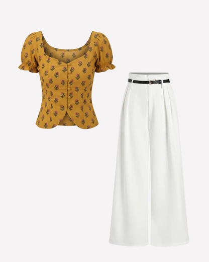 Floral Print Corset Top and White Pleated Pants With Belt