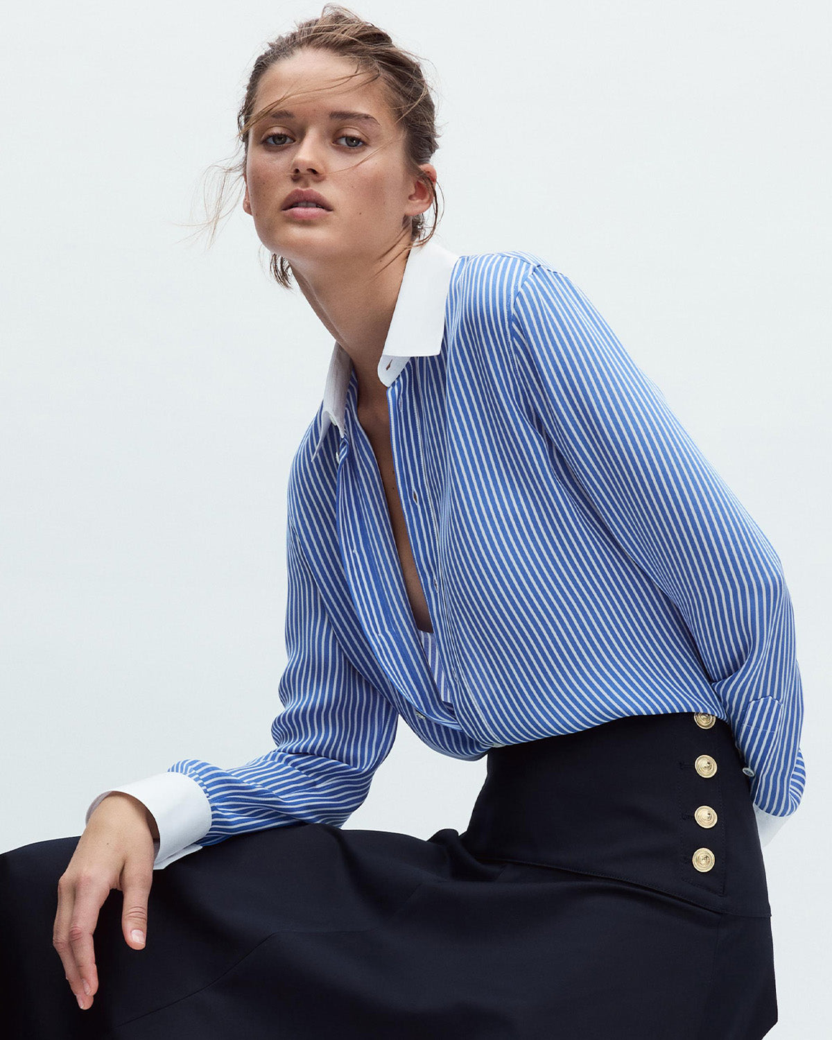 topwear,tops, shirts,casual, formal, semi-formal,minimal, soft girl, summer,woven,polycotton,printed,blue,pinstripes,color block,button,regular fit,shirt,longline,curved hem,shirt collar,full sleeves,cuff sleeves,OY2013, 25060045GG