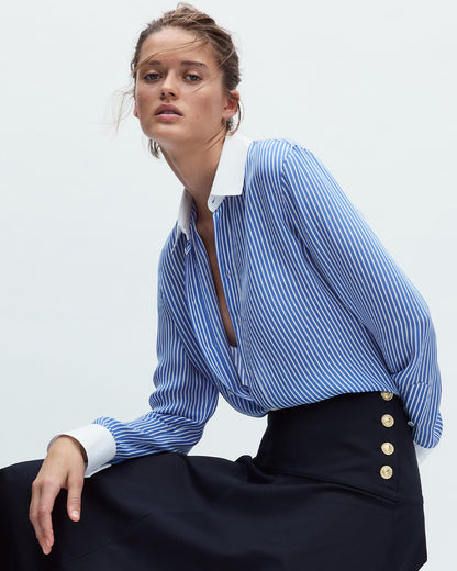 topwear,tops, shirts,casual, formal, semi-formal,minimal, soft girl, summer,woven,polycotton,printed,blue,pinstripes,color block,button,regular fit,shirt,longline,curved hem,shirt collar,full sleeves,cuff sleeves,OY2013, 25060045GG