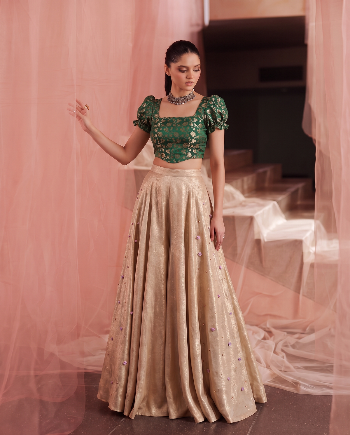 Paro Puff Sleeve Green Corset Top