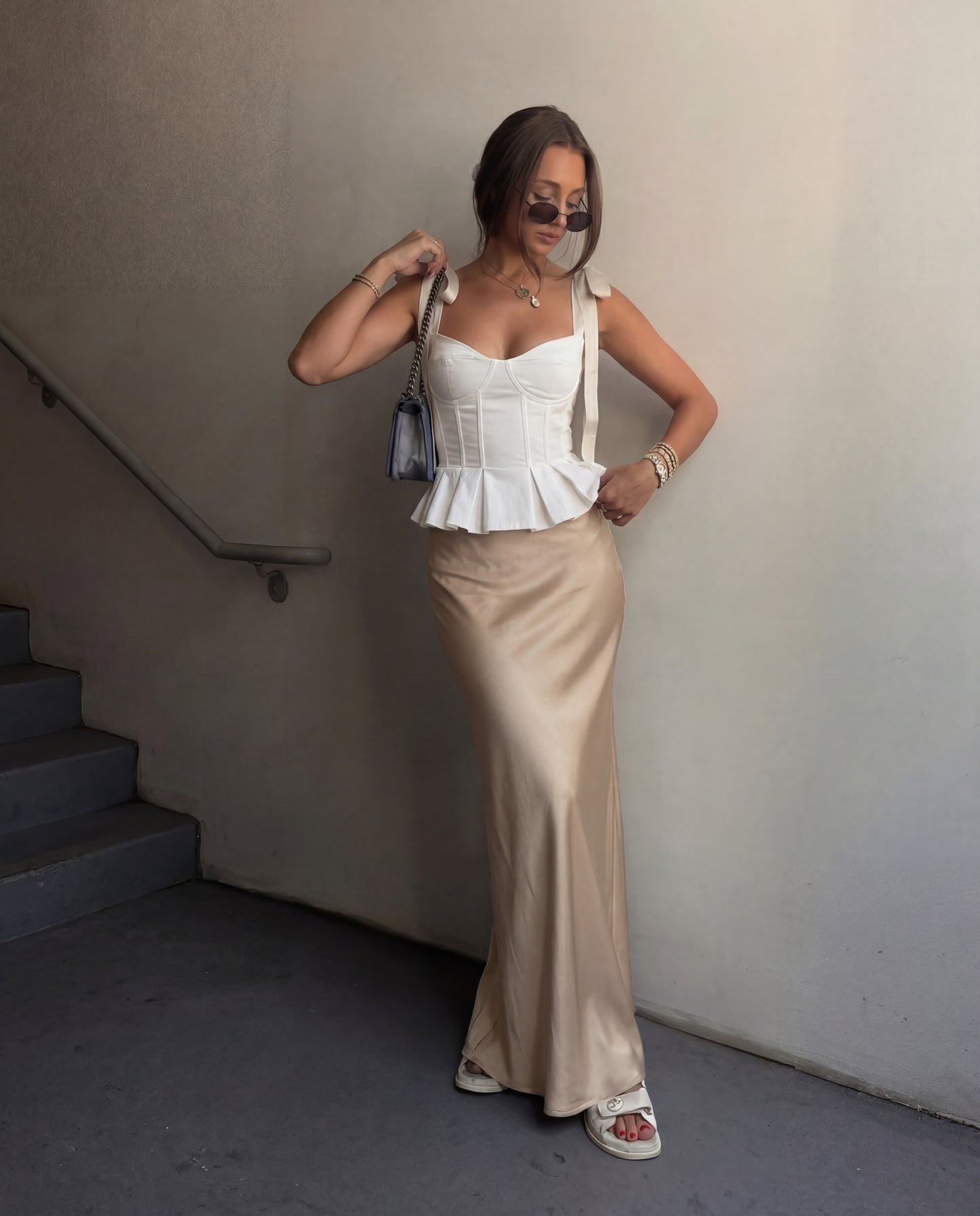 White Bowknot Straps Flared Top With Gold Satin Skirt