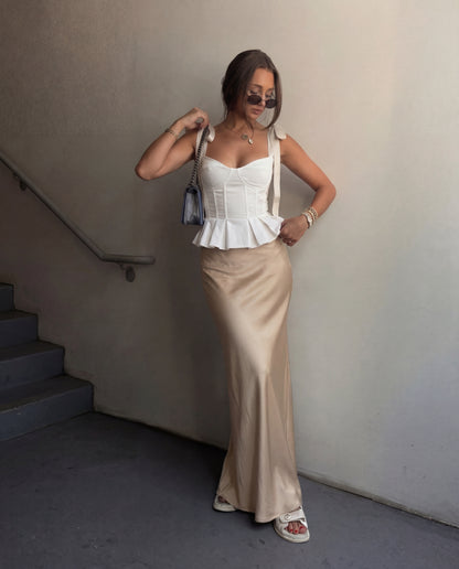 White Bowknot Straps Flared Top With Gold Satin Skirt