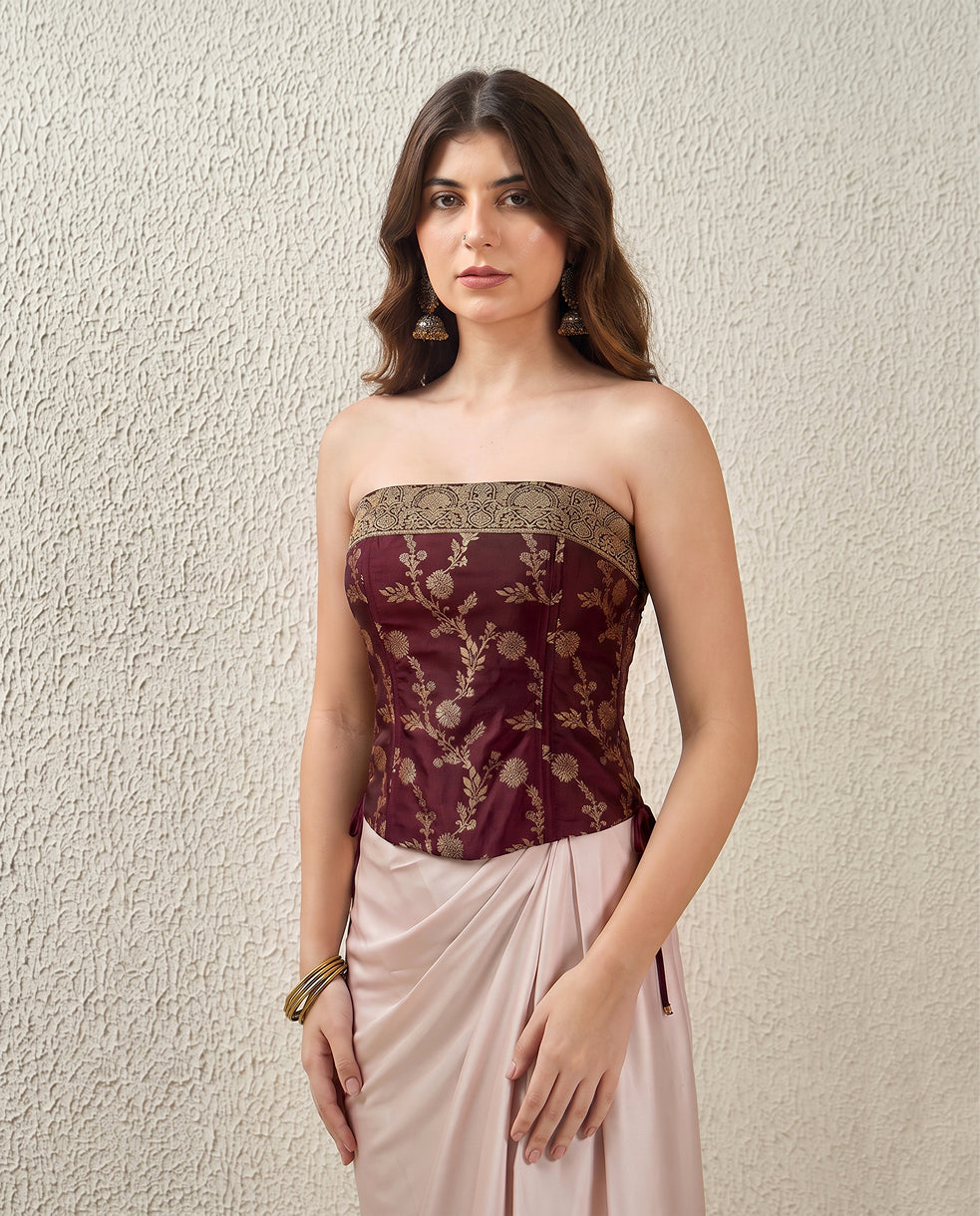 Burgundy Floral Brocade Strapless Corset Top